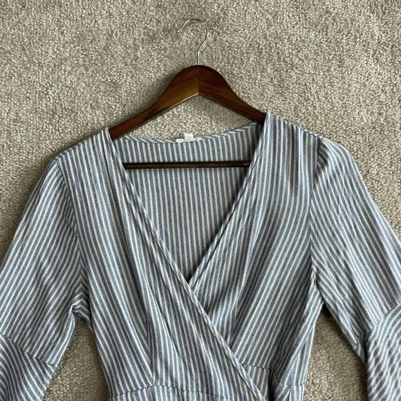 Ecote OU Wrap Dress Womens Size Medium Blue/Tan Striped Bell Sleeve V-Neck 90s - Picture 4 of 11
